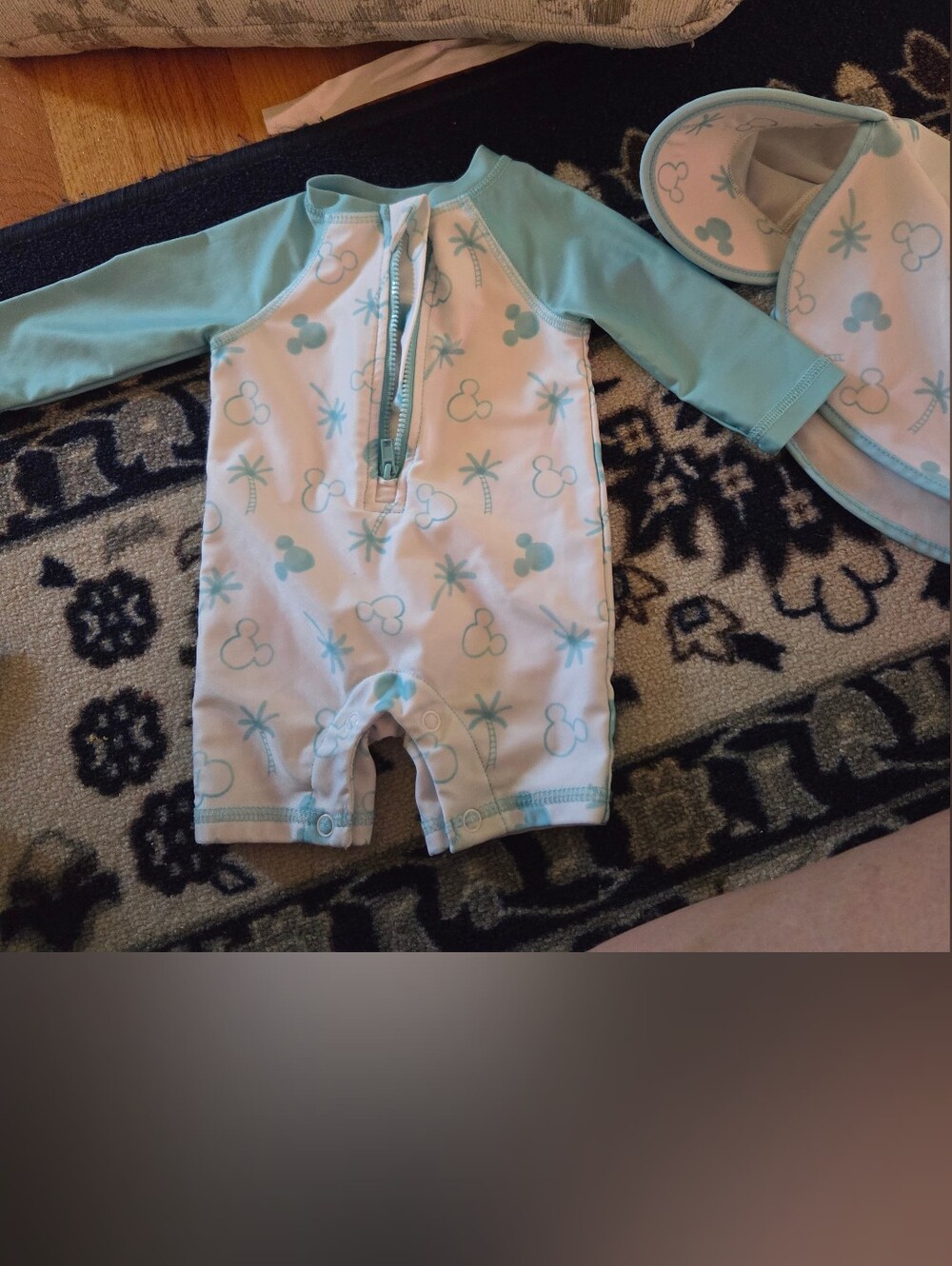 Disney Baby Mint and White Infant Zip Swim One Piece With Matching Sun Hat